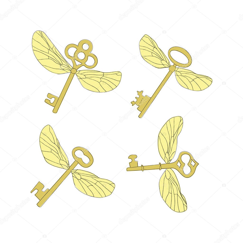 Magic keys with wings. Vector. All elements are isolated