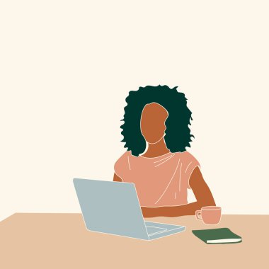Black Woman working on laptop computer. Female office worker doing online distant work. Woman working from home or office. Freelance, online education concept. Vector illustration isolated on white 