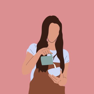 Woman who work as baristas pour processed coffee and milk into glass. Hand drawn vector illustration isolated