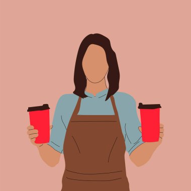 Waitress or barista. Smiling woman in black apron holding coffee cups isolated vector illustration