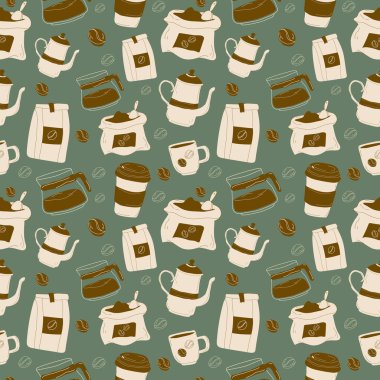 Seamless pattern with coffee elements set. Kettle, cup, packaging with coffee, bag of coffee beans, glass coffee pot. 