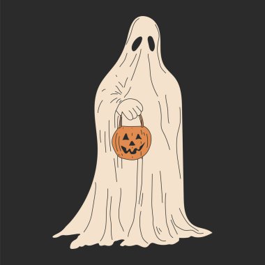 A ghost with a pumpkin in his hands. Hand drawn vector illustration isolated on background. Modern flat cartoon style.