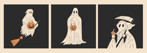 Set Funny Ghosts Different Poses Halloween Hand Drawn Vector Illustration — Archivo Imágenes Vectoriales