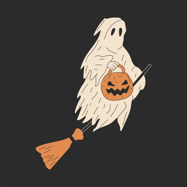 Ghost Pumpkin His Hands Broom Hand Drawn Vector Illustration Isolated — Vetor de Stock