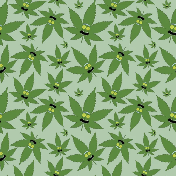 Seamless Pattern Cannabis Leaf Funny Face Vector Cartoon Style All — Stok Vektör