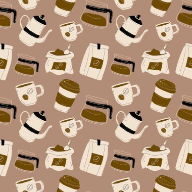Seamless pattern with coffee elements set. Kettle, cup, packaging with coffee, bag of coffee beans, glass coffee pot.
