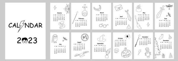 2023 Disegno Del Calendario Disegnato Mano Doodle Magico Calendario Pianificatore — Vettoriale Stock