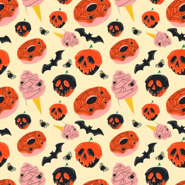 Tatlı cadılar bayramı kekleri, dondurma ve çizgi film karakterleriyle kusursuz desen. Vektör