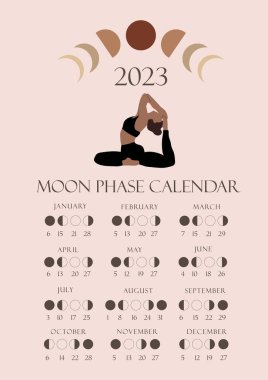 Ay evreleri takvimi 2023 Yoga yapan bir kızla. Gibbous, Cilalı Hilal, Yeni Ay, Hurmalı Dolunay.