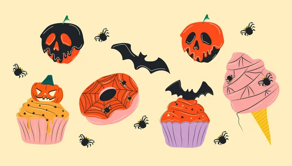 Roztomilé Halloween Cupcakes Zmrzlina Koblihové Kreslené Postavičky Samolepky Kolekce Ručně — Stockový vektor