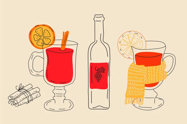 Juego Ilustraciones Vectoriales Vino Caliente Especias Invierno Ingredientes Tradicionales Bebidas — Vector de stock