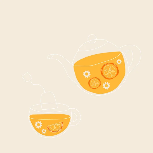 Tee Mit Zitronen Und Kamillenblättern Tee Tasse Glas Flache Illustration — Stockvektor