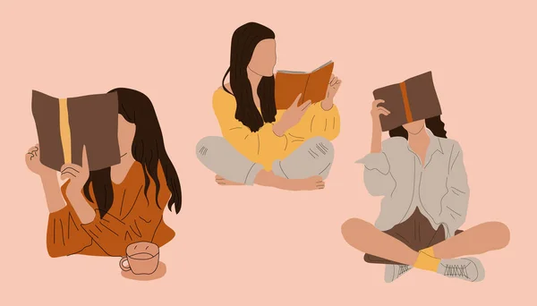 Set Von Drei Mädchen Die Bücher Lesen Junge Frauen Lesen — Stockvektor