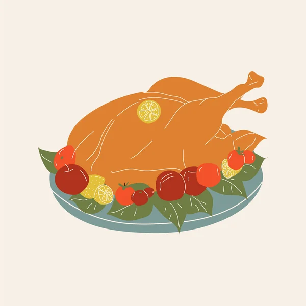 Ilustrasi Kalkun Panggang Untuk Hari Thanksgiving Vektor Dalam Gaya Kartun - Stok Vektor