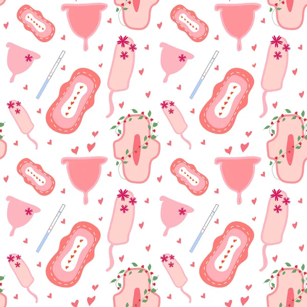 Nahtloses Muster Mit Femininen Hygieneartikeln Menstruationstage Damenbinden Tampons Menstruationstasse Vektor — Stockvektor