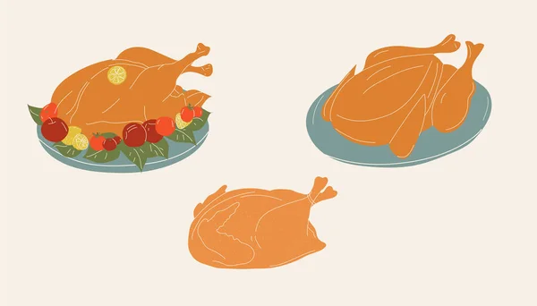 Conjunto Pavo Horno Para Día Acción Gracias Vector Estilo Dibujos — Archivo Imágenes Vectoriales