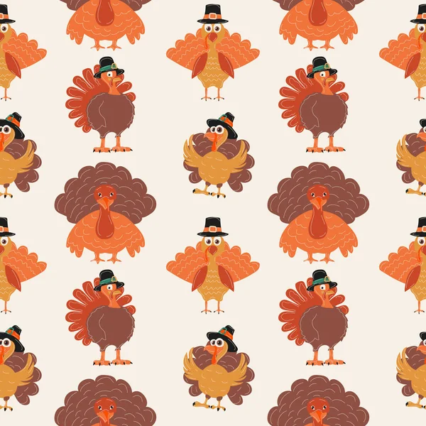 Selamat Hari Thanksgiving Pola Mulus Cartoon Turkey Dan Pilgrim Hut - Stok Vektor