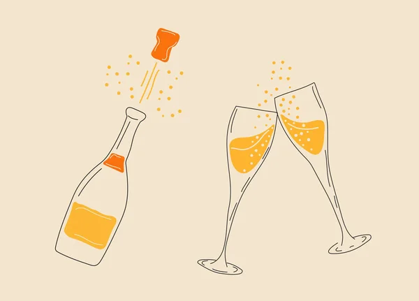 Şampanya Şişeli Iki Şampanya Bardağı Çizgi Film Tarzında Vektör Tüm — Stok Vektör