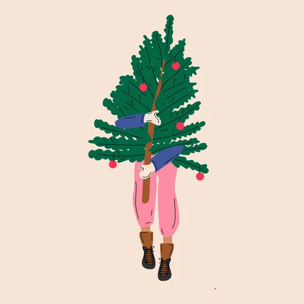 Mädchen Mit Weihnachtsbaum Auf Weißem Hintergrund Isoliert Vektorillustration — Stockvektor