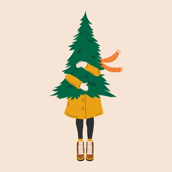 Chica Con Árbol Navidad Sobre Fondo Blanco Aislado Ilustración Vectorial — Archivo Imágenes Vectoriales