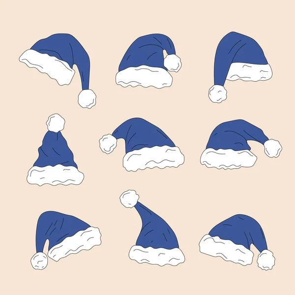 Conjunto Sombreros Azules Papá Noel Vector Estilo Dibujos Animados Todos — Archivo Imágenes Vectoriales