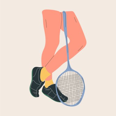 Beyaz arka planda Badminton raketi olan bacaklar. Badminton oyun sporu için malzemeler. Vektör illüstrasyonu