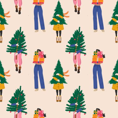 Seamless pattern with  Set of three Girls that are carry christmas tree Vector illustration clipart