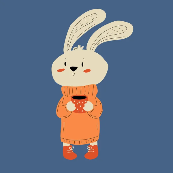 Mignon Lapin Dans Pull Avec Une Tasse Boisson Chaude Mascotte — Image vectorielle