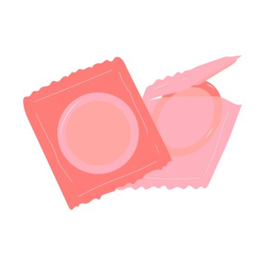 Vektör prezervatif ve paket simgesi. Doğum kontrol konsepti. Mühürlü ve mühürsüz prezervatif beyaz arka planda izole edilmiş..