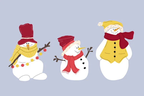 Conjunto Bonecos Neve Bonito Natal Chapéus Cachecóis Personagens Engraçados Ilustração — Vetor de Stock