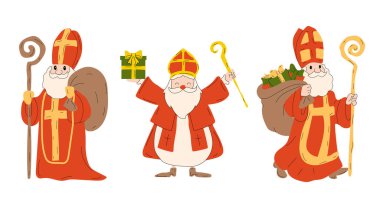 Aziz Nicholas Noel karakterleri vektörü belirlendi. Ayakta duran ve elinde hediyeler olan Aziz Nicholas Noel karakterleri. Xmas tasarım koleksiyonu. Vektör illüstrasyonu
