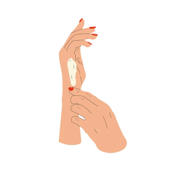 Weibliche Hände Mit Sahne Frau Beim Auftragen Von Behandlungslotion Handgezeichnete — Stockvektor