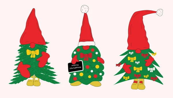 Ensemble Gnomes Noël Mignons Faits Arbre Noël Vecteur Style Dessin — Image vectorielle