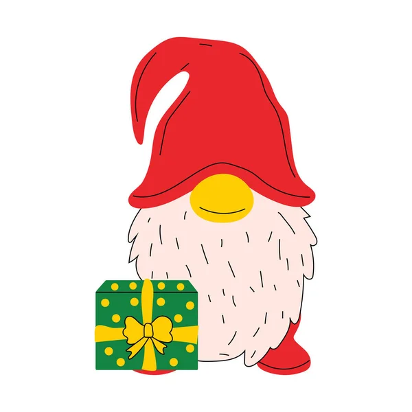 Cute Christmas Gnome Gift Vector Illustration White Background — Stock Vector