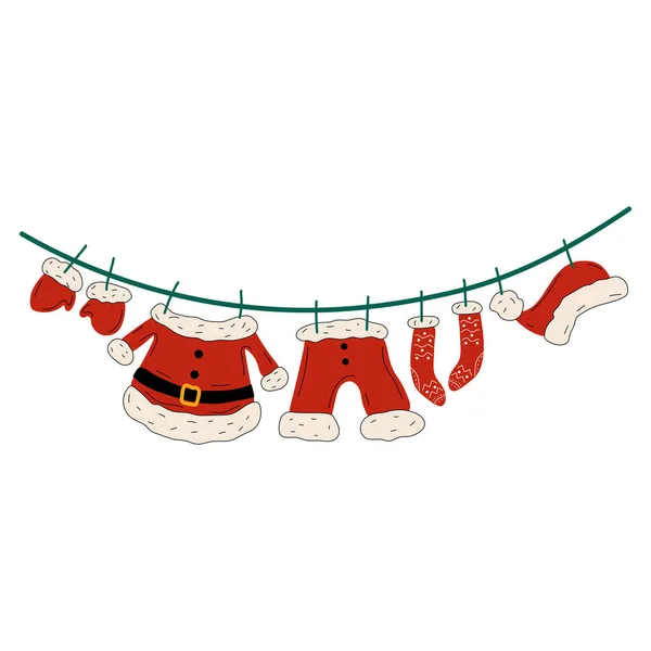 Vector Illustration All Santa Clothes Hanging Clothesline Vector Cartoon Style — Stock Vector