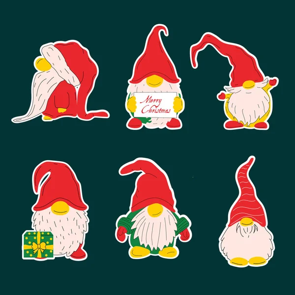 Conjunto Adesivos Bonitos Natal Gnomos Vetor Ilustração Fundo Escuro — Vetor de Stock