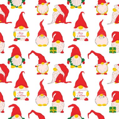 Beyaz arkaplanda Şirin Noel cüceleri vektör çizimi ile kusursuz desen