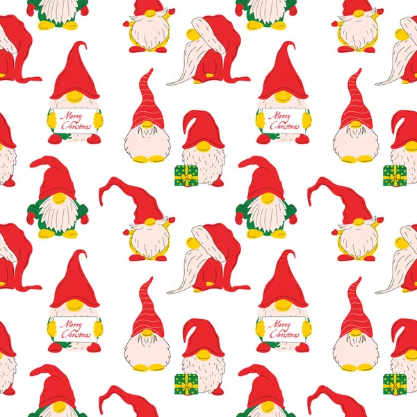 Beyaz arkaplanda Şirin Noel cüceleri vektör çizimi ile kusursuz desen