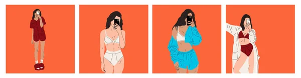 Dört Moda Illüstrasyonu Güzel Genç Kadınlar Çamaşırı Cübbesiyle Selfie Çekerler — Stok Vektör