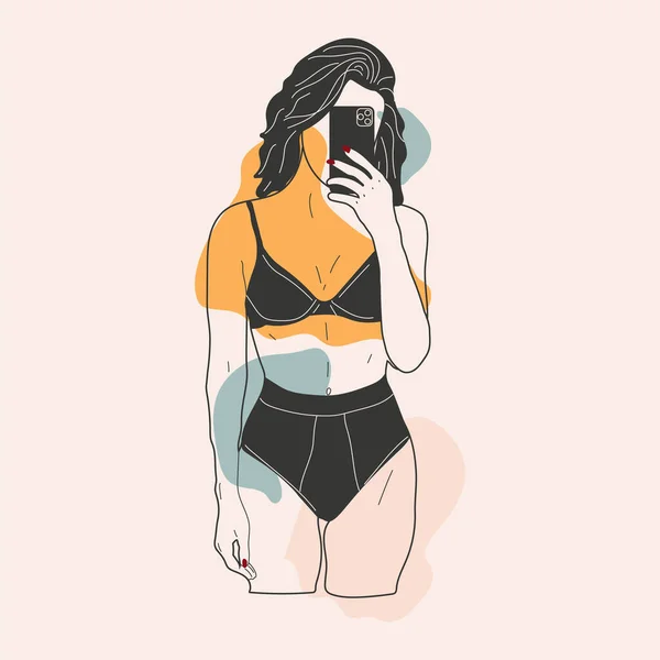 Mooie Jonge Vrouw Neemt Een Selfie Haar Ondergoed Getekend Vectorillustratie — Stockvector