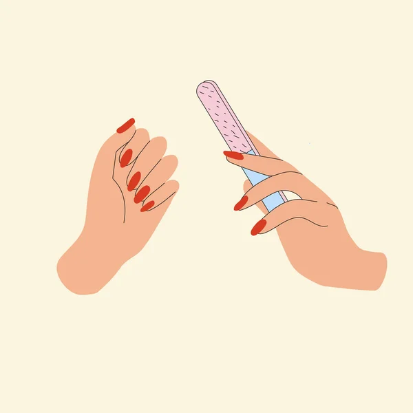 Weibliche Gepflegte Hände Nägel Polieren Nagelfeile Vorhanden Wellness Behandlung Schönheitskonzept — Stockvektor
