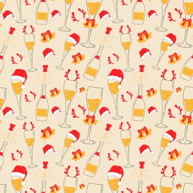 Şampanya bardakları ve Noel aksesuarlarıyla kusursuz bir desen. Noel Baba şapkası, geyik boynuzları, çanlar
