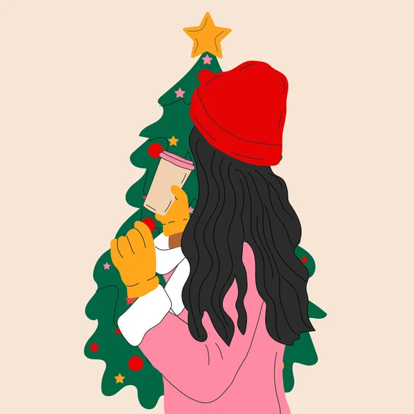 Une Fille Dans Chapeau Tient Devant Arbre Noël Avec Une — Image vectorielle