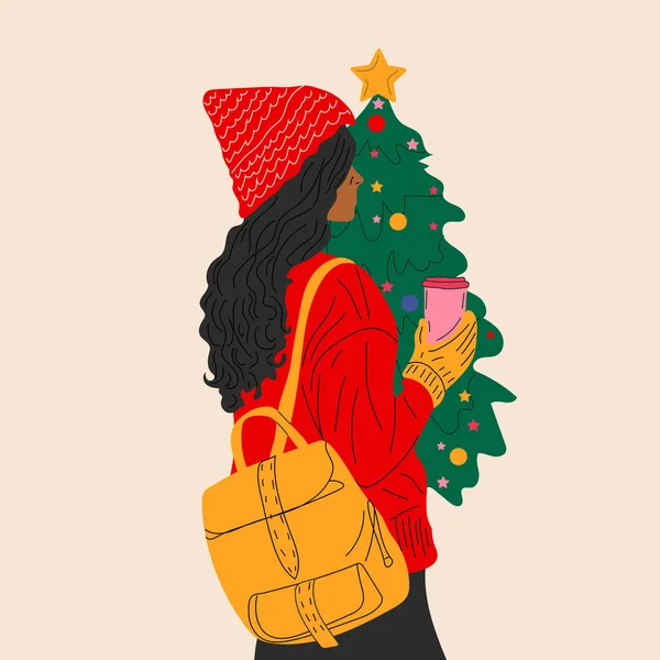 Egy Lány Kalapban Hátizsákkal Egy Karácsonyfa Előtt Áll Egy Csésze — Stock Vector