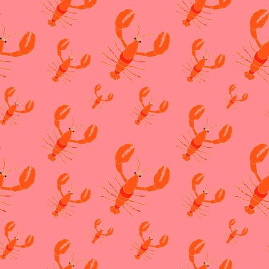 Kare biçimsiz el çizimi kırmızı ıstakoz. Deniz ürünleri dükkanı, restoran menüsü, balık pazarı, afiş, kumaş, tekstil baskısı, poster tasarımı şablonu. Taze kabuklu deniz ürünleri. Moda Vektörü illüstrasyonu. 