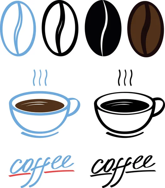 Set of coffee icons. coffee seed, steaming cup of coffee, coffee sign. black white blue red and brown.