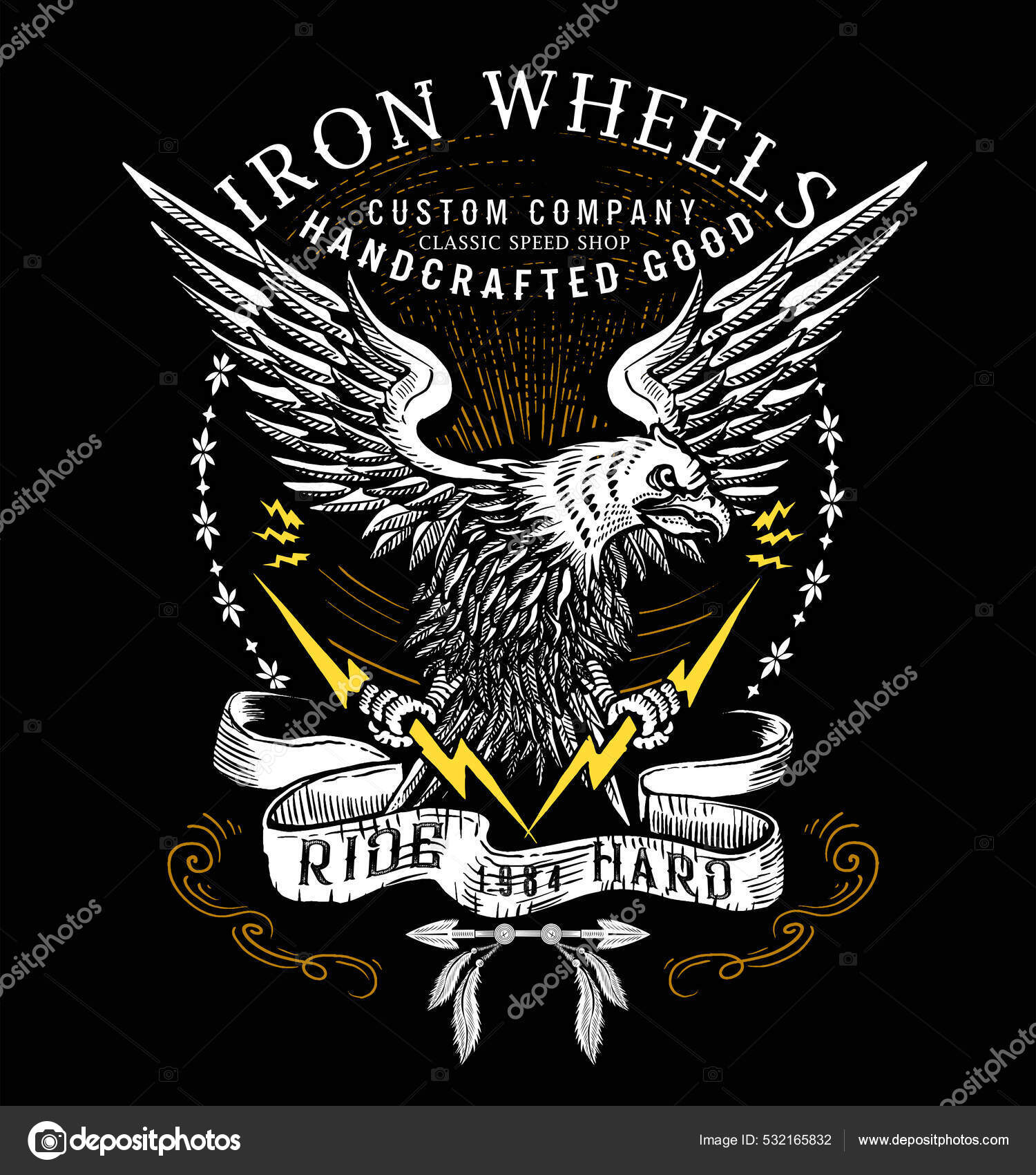 手绘美国鹰与闪电徽章设计与极端摩托车运动自行车或摇滚概念图库矢量图©VECTURE 532165832, image size:1500x1700