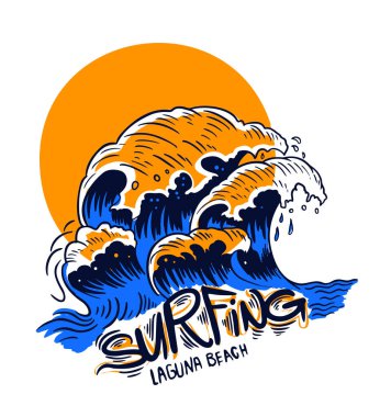 Gün batımında deniz dalgalarının el çizimi. vektör posteri, tee baskı tasarımı 