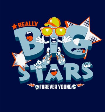 70 'lerin Retro tarzı büyük yıldızlarla dolu renkli ve komik bir geçmişi var. Tişört ve afiş için hippi grafik vektör deseni, poster