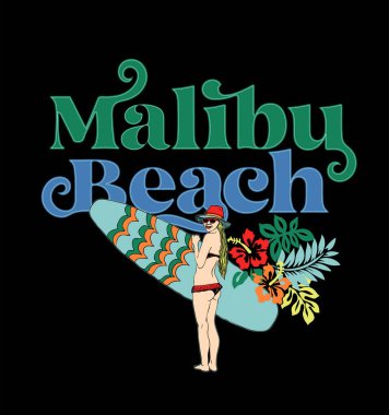 70 'lerin Malibu plajında sörf tahtası ve harfleri olan bikinili sarışının el çizimi. vektör posteri, tee baskı tasarımı 